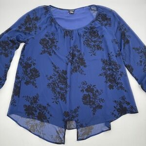 Torrid Blue‎ Black Floral Print Sheer Sleeve Back Tie Boho Blouse Top Plus Size